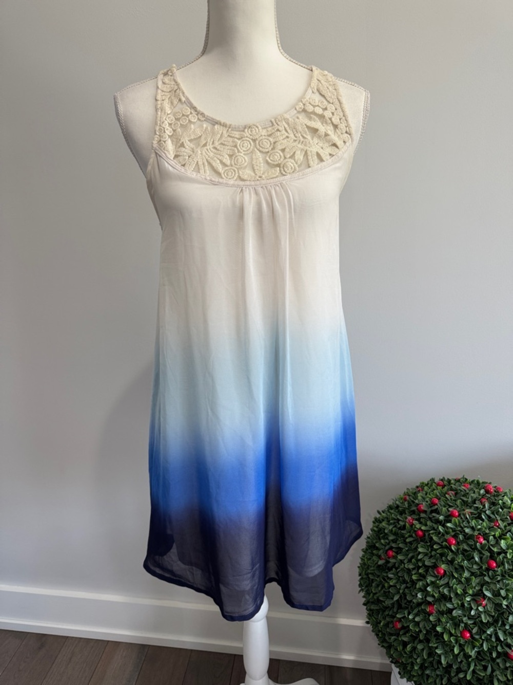 stradivarius Cream to Blue Ombre Mini Dress with Lace Yoke Sz M